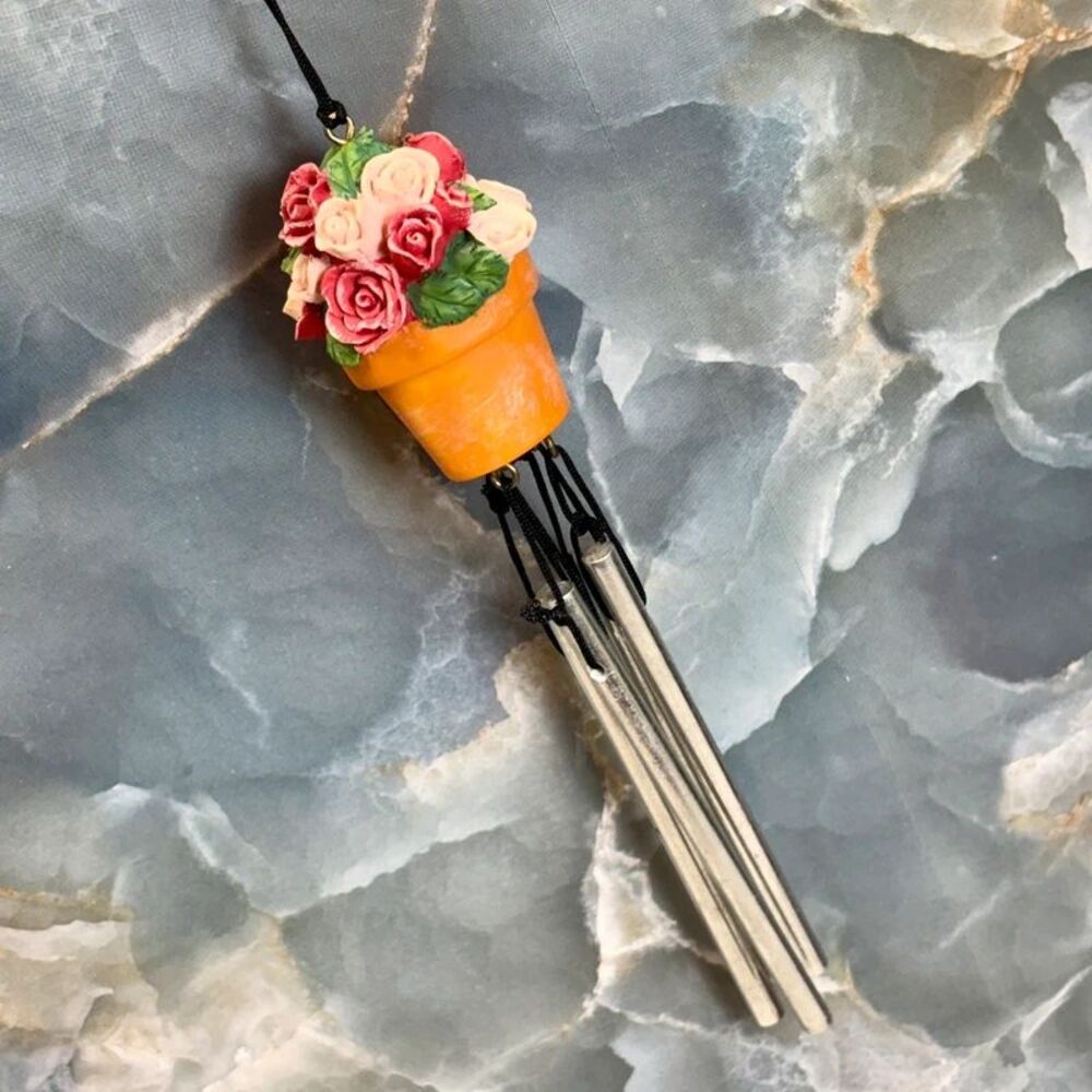 Miniature Terra Cotta Pot Flower Bouquet Wind Chime Pink Red Green